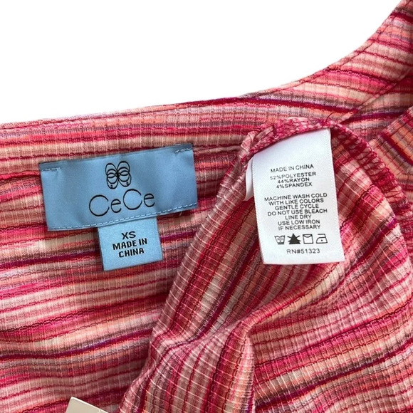 CeCe Bright Rose Striped Ribbed Ruffle Sleeve Top XS - Picture 4 of 4